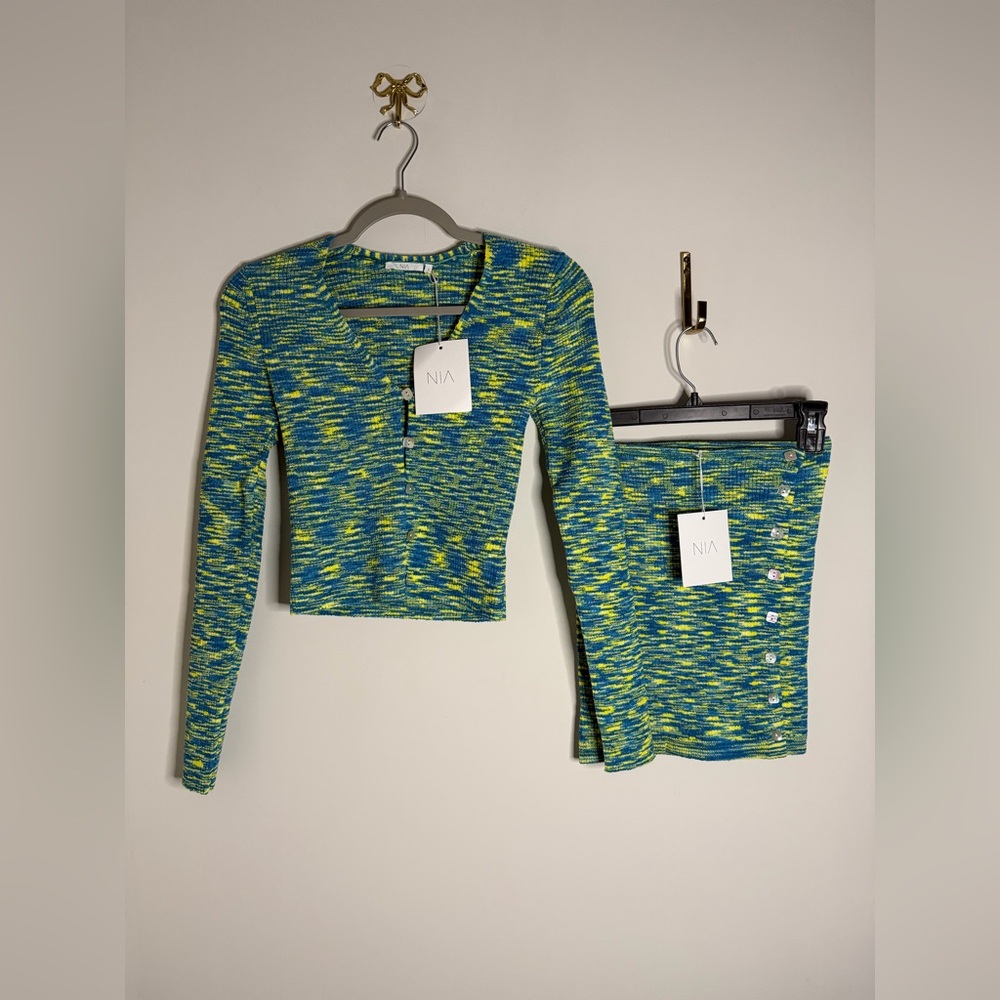 Blue and Green Knit cardigan and mini skirt two piece Set